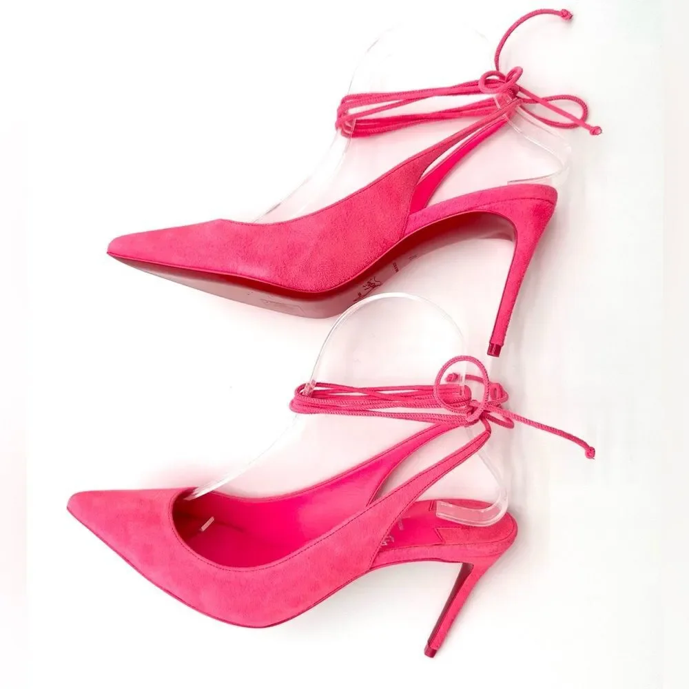 Christian Louboutin Lace Up Kate 85 Pink Suede Stiletto Pumps Heels EU 37 US 7